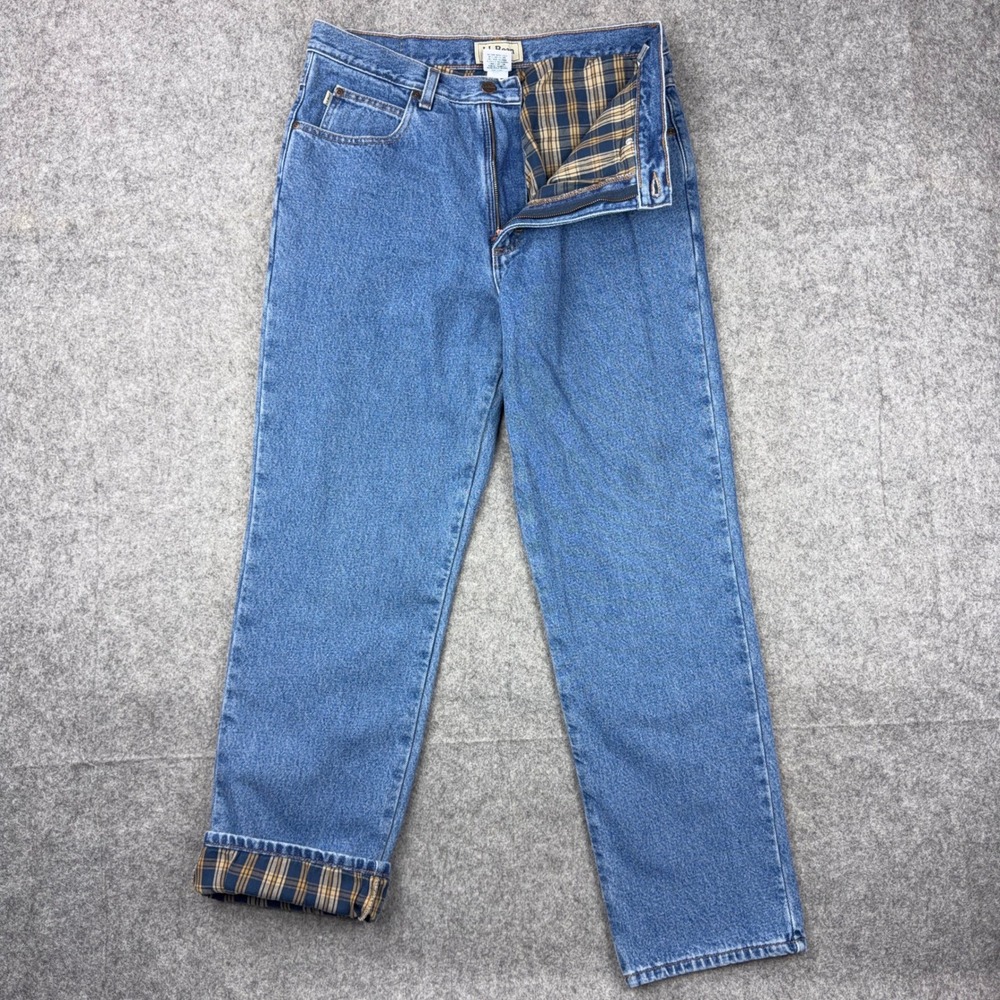 LL Bean Jeans Mens 33x30 Blue Flannel Lined Classic Fit Cotton Denim Work Pants